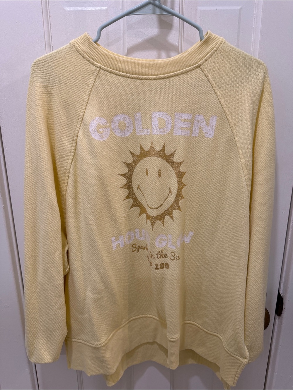 aerie Soft Pale Yellow Graphic Crew Sweatshirt with Sun Motif